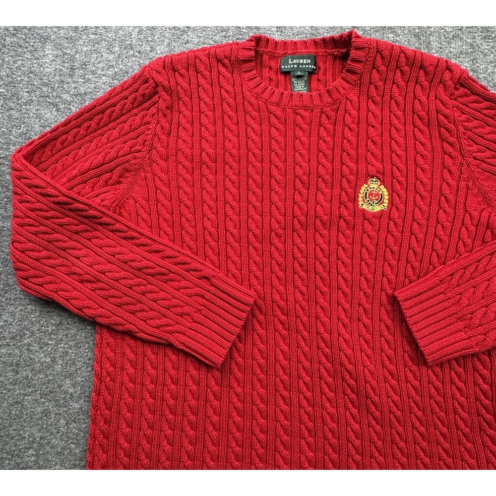 Vtg Lauren Ralph Lauren Sweater Womens Large Cable Knit Crest Old Money Ivy Prep